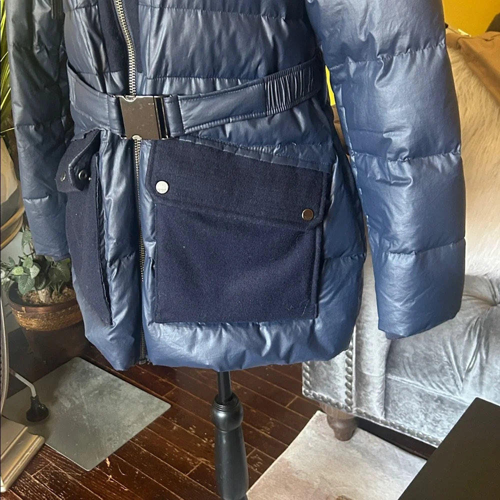 Andrew Marc Fox Fur
Trim Hood Belted Puffer Navy Jacket - Picture 2 of 14